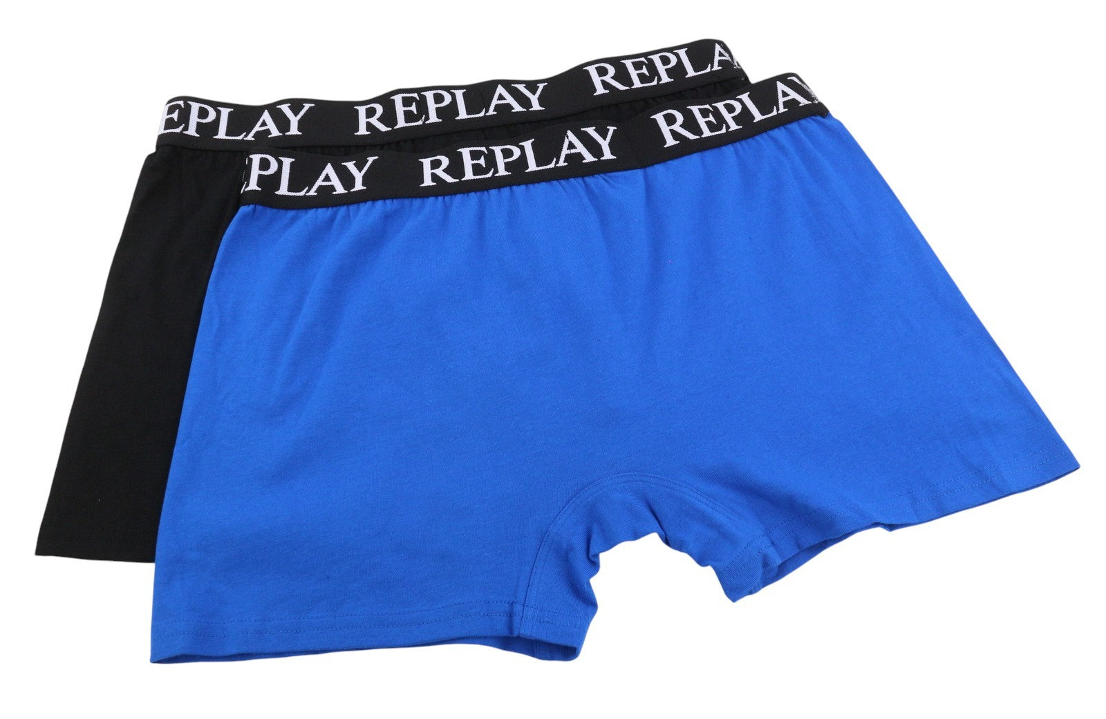REPLAY Men Underwear L Blue Black Elastic Waist Cotton Stretch Trunks 2 Pack