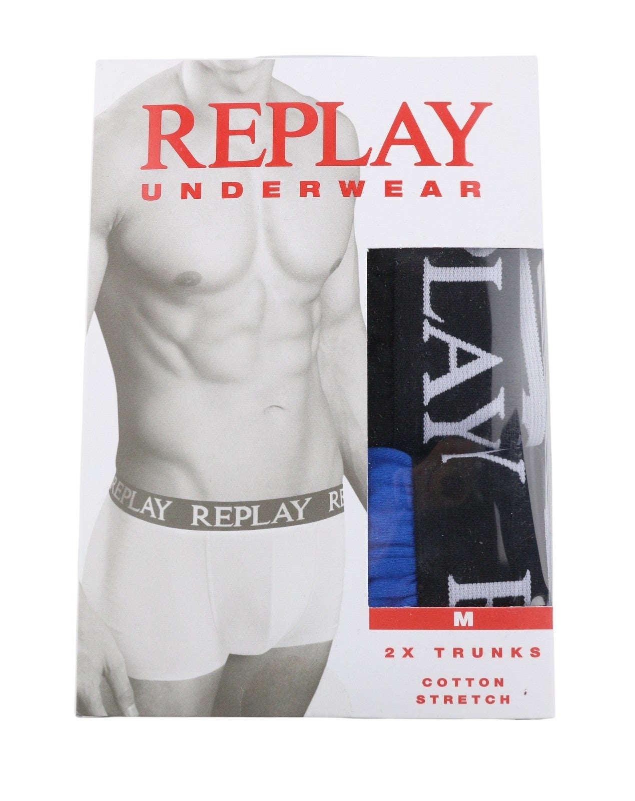 REPLAY Men Underwear M Blue Black Elastic Waist Cotton Stretch Trunks 2 Pack