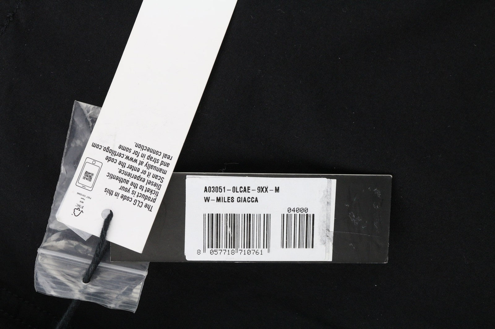 DIESEL W-Miles Men's Jacket M Black Hooded Parka Zip Lightweight Unlined RRP475