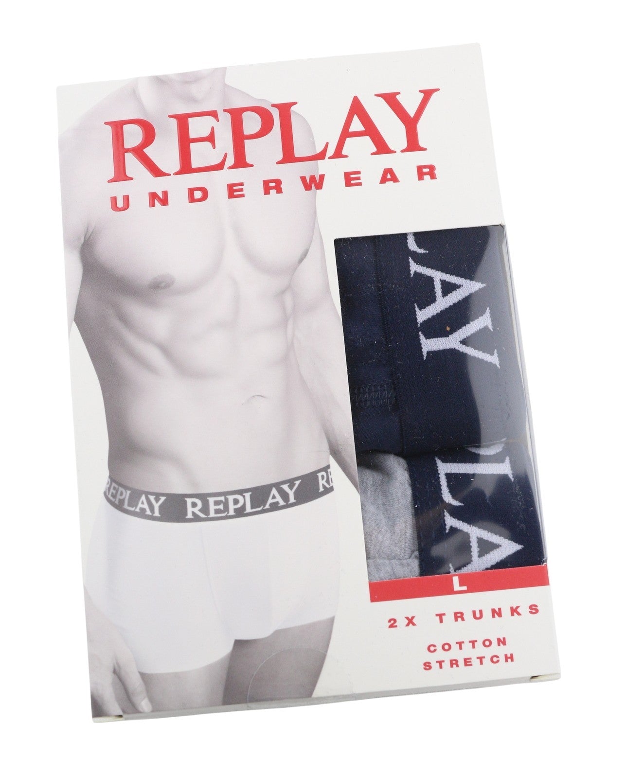 REPLAY Men Underwear L Blue Elastic Waist Logo Cotton Stretch Trunks 2 Pack
