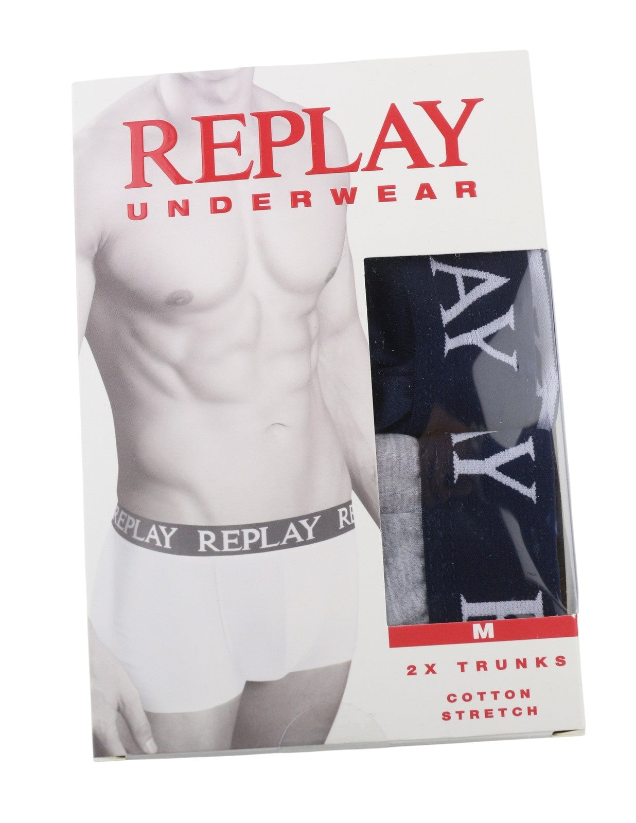 REPLAY Men Underwear M Blue Elastic Waist Logo Cotton Stretch Trunks 2 Pack