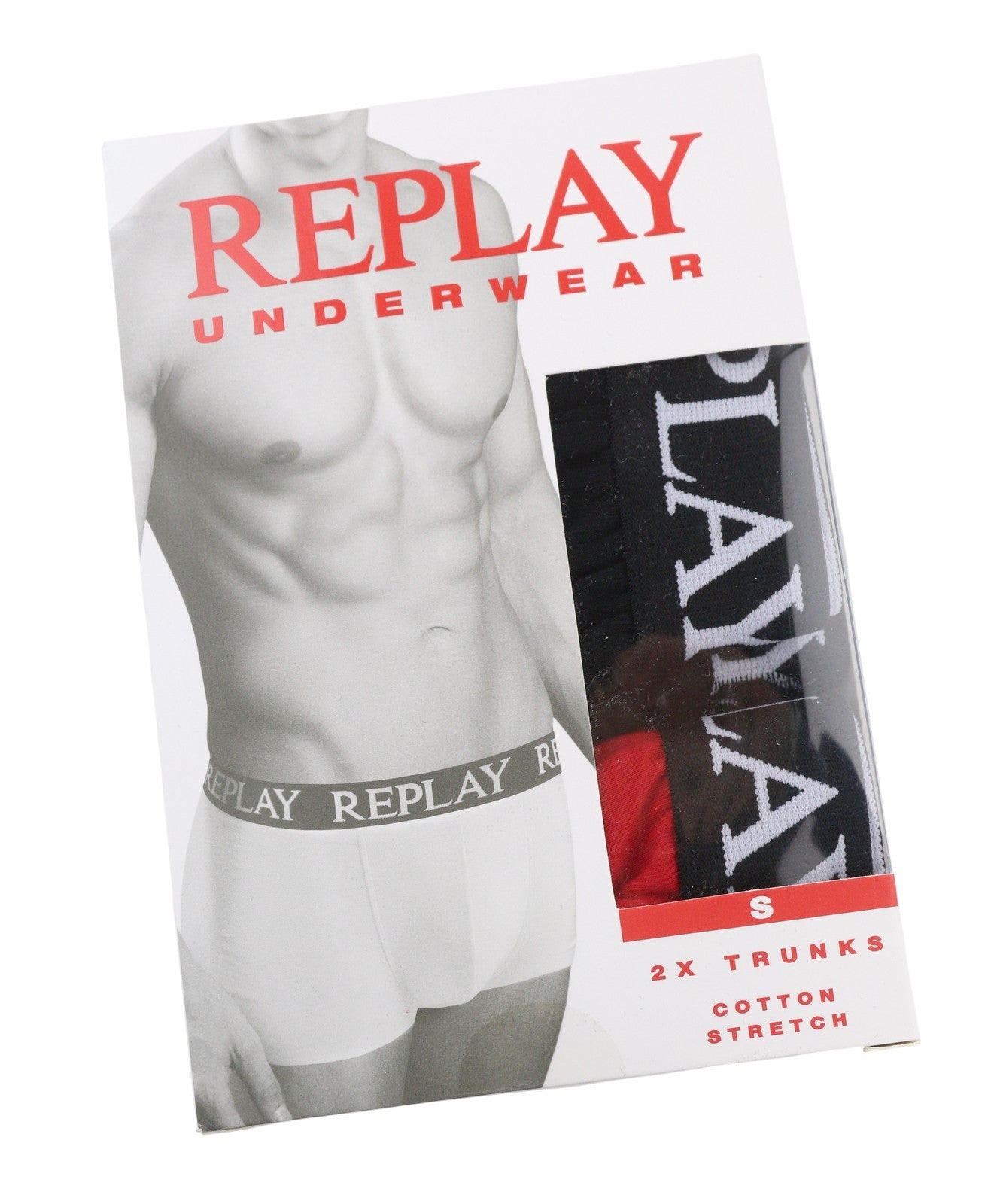 REPLAY Men Underwear S Black Red Logo Cotton Stretch Trunks 2 Pack