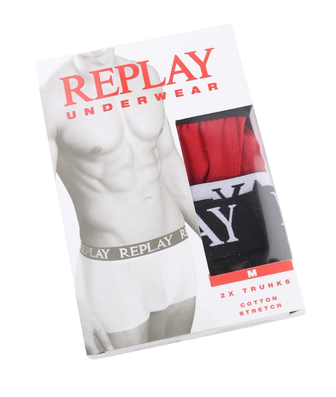 REPLAY Men Underwear M Black Red Logo Cotton Stretch Trunks 2 Pack