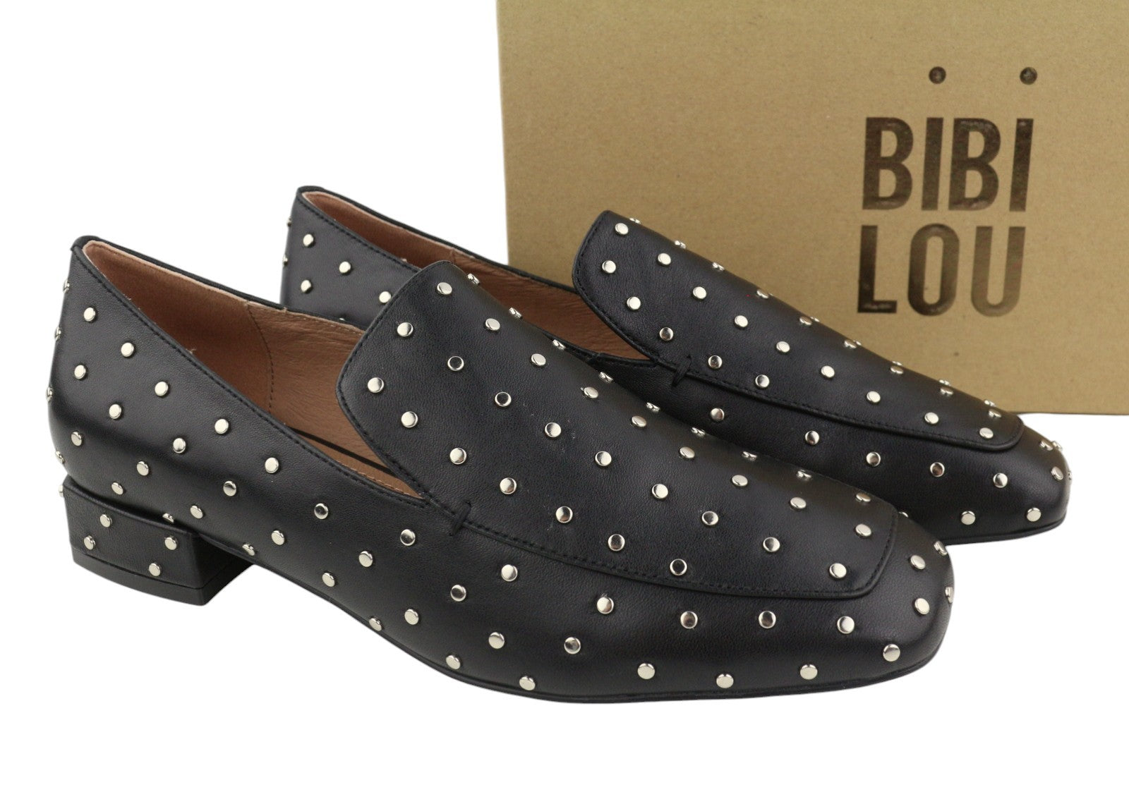 BIBI LOU Lilian Women Flats EU37 Black Leather Silver Studs Square Toe RRP179