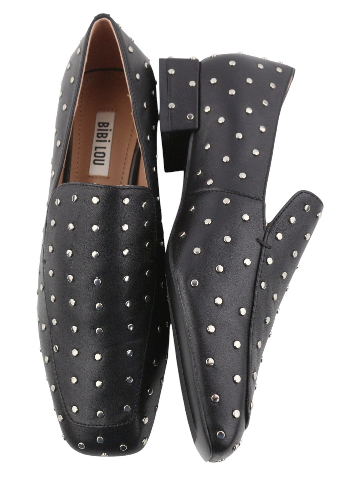 BIBI LOU Lilian Women Flats EU37 Black Leather Silver Studs Square Toe RRP179