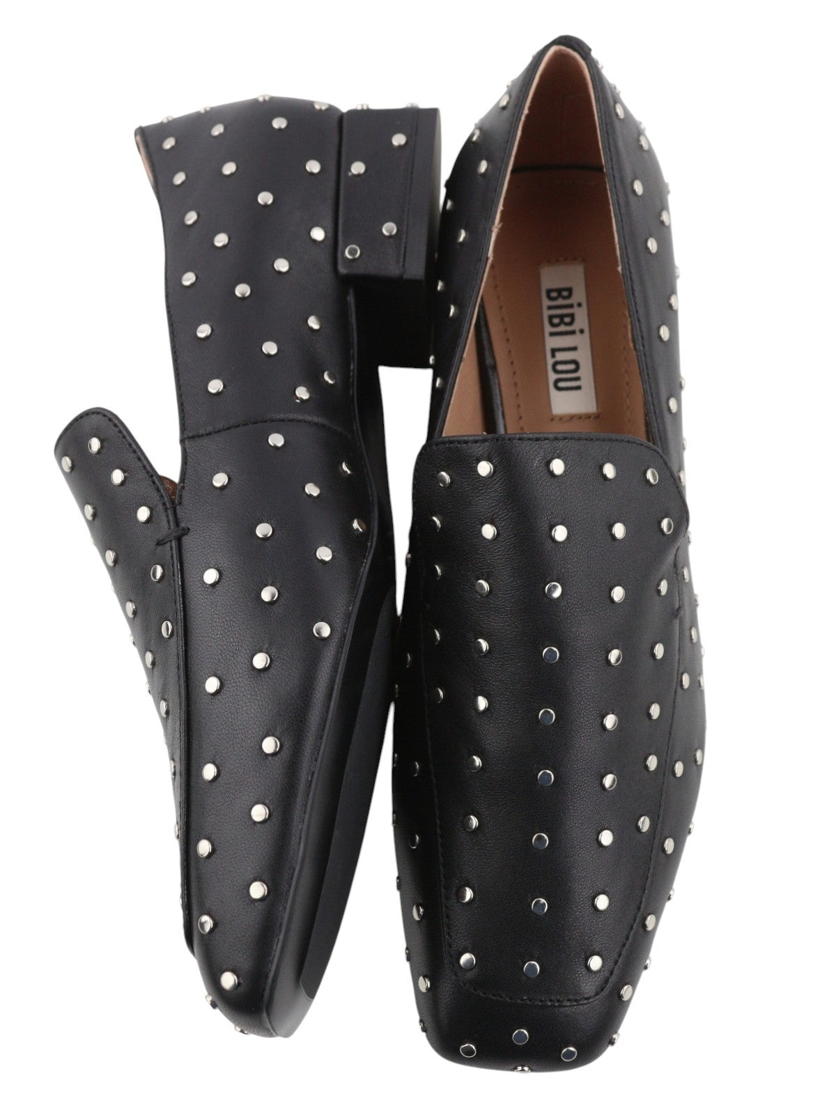 BIBI LOU Lilian Women Flats EU37 Black Leather Silver Studs Square Toe RRP179