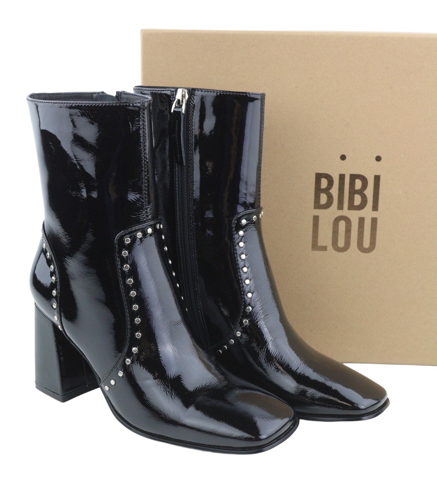 BIBI LOU Pola Women Boots EU37 Black Patent Leather Square Toe Ankle Heels