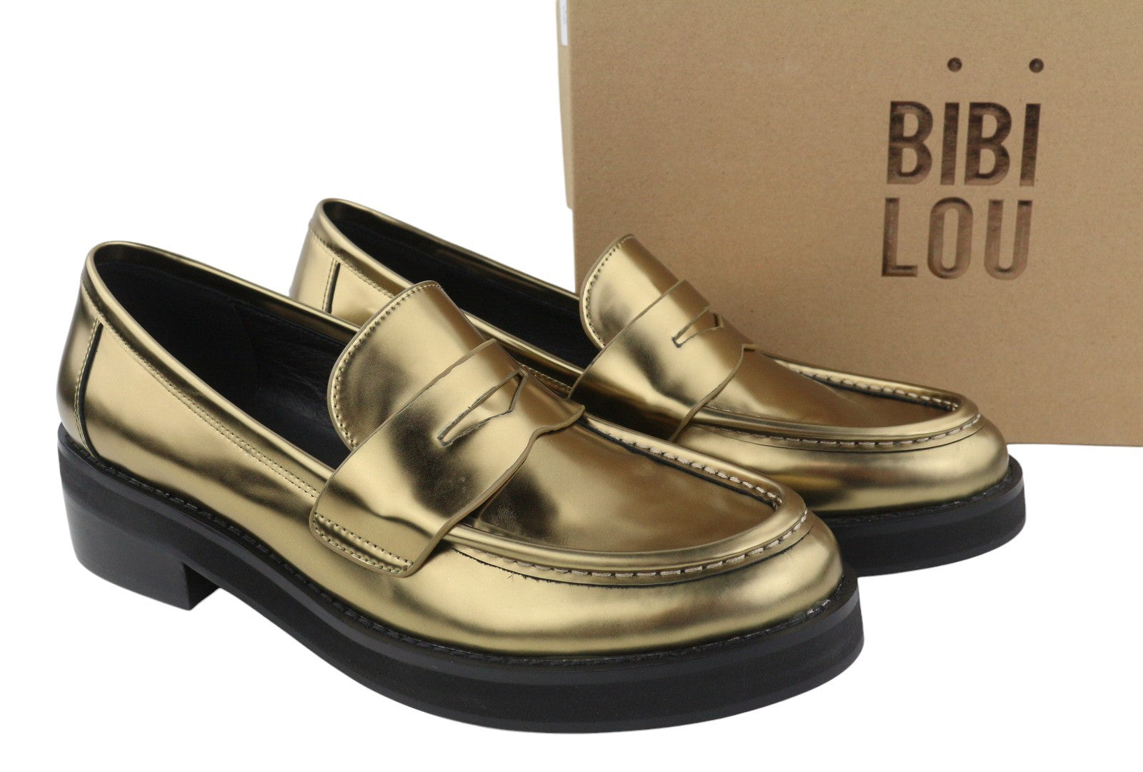 BIBI LOU Jaya Women Flats EU40 Shiny Gold Leather Chunky Slip On RRP199