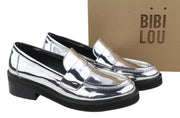 BIBI LOU Jaya Women Flats EU39 Shiny Silver Leather Chunky Slip On RRP199