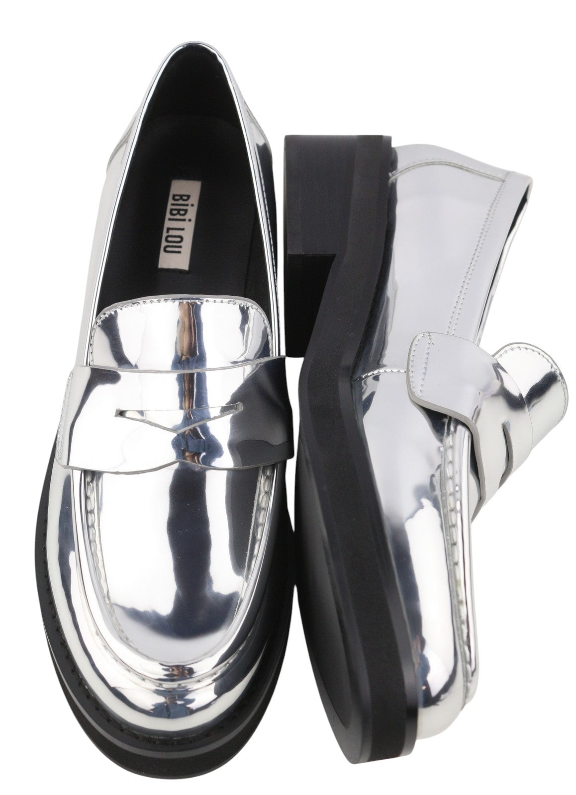 BIBI LOU Jaya Women Flats EU39 Shiny Silver Leather Chunky Slip On RRP199