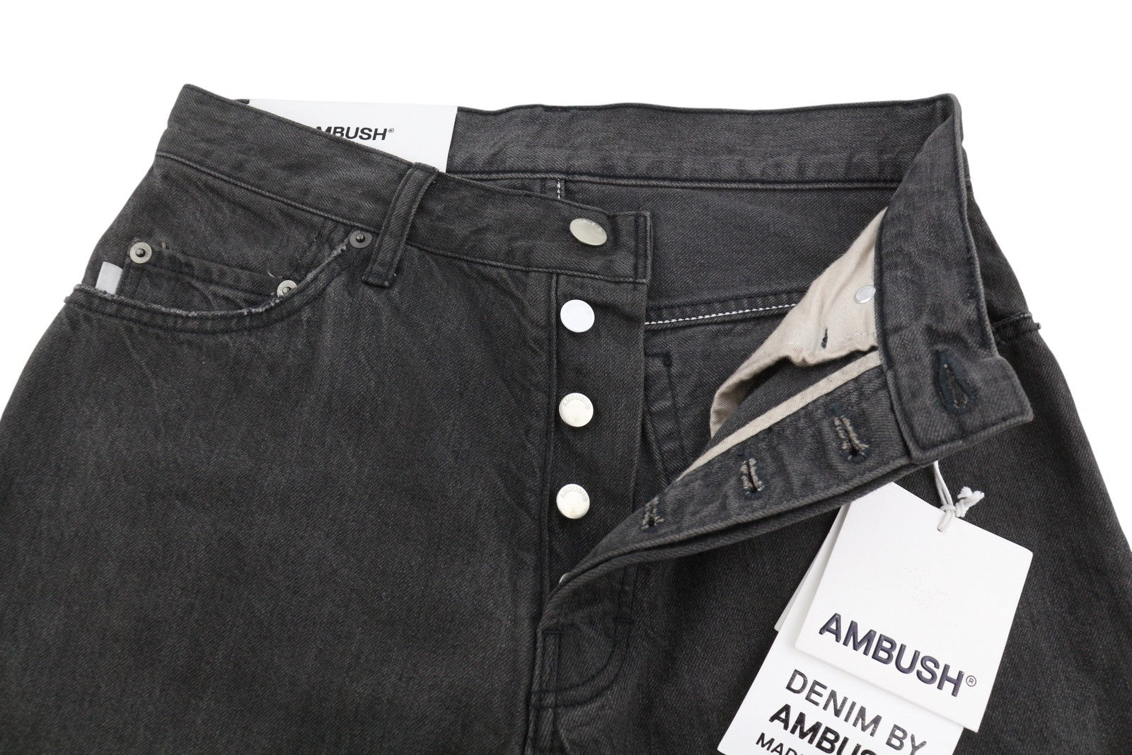 AMBUSH Relax Straight Women Jeans W27 Black Distressed Button Fly Denim RRP618