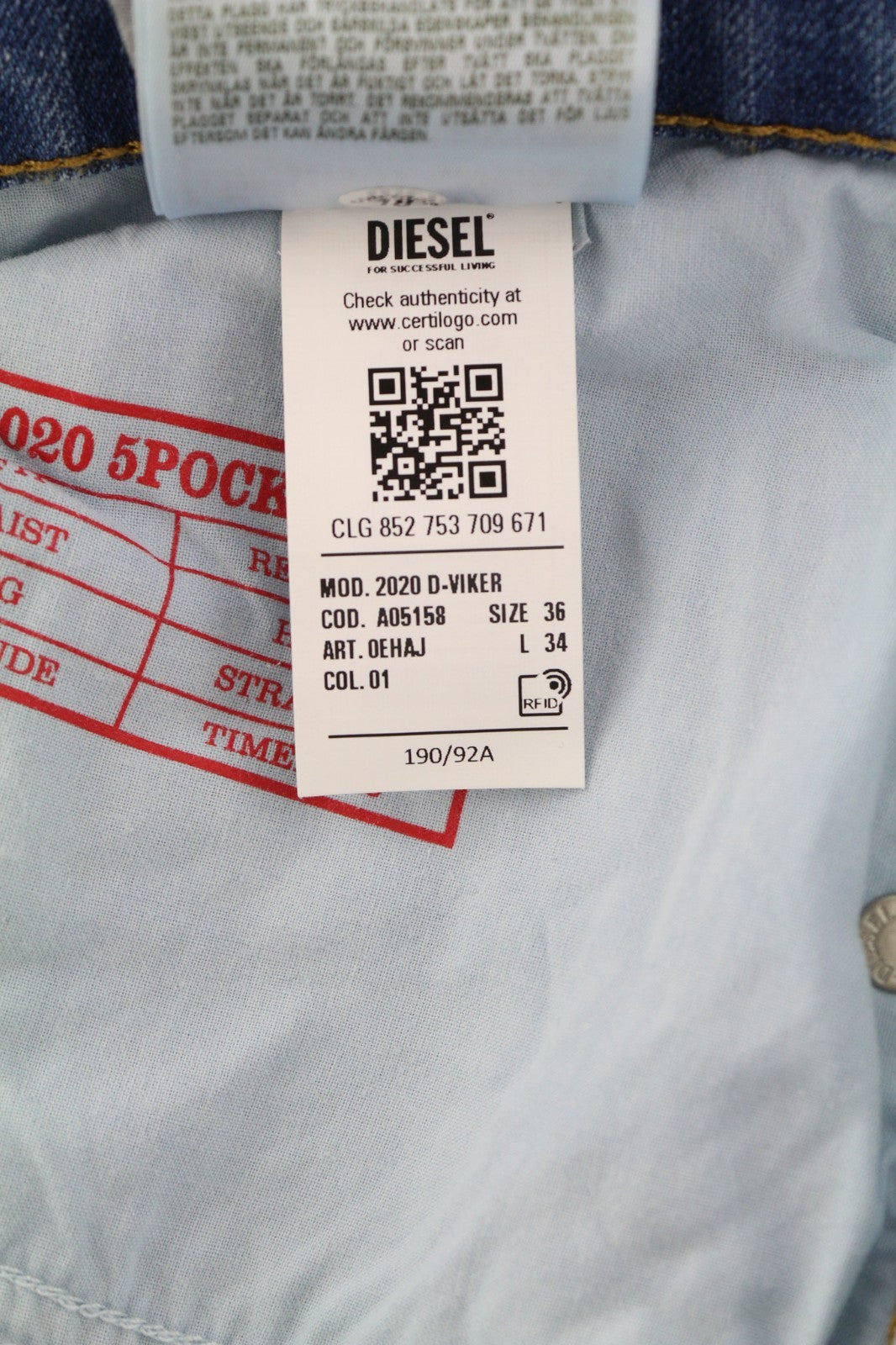 DIESEL 2020 D-Viker REHAJ Men's Jeans W36/L34 Straight Blue Mid Waist Regular