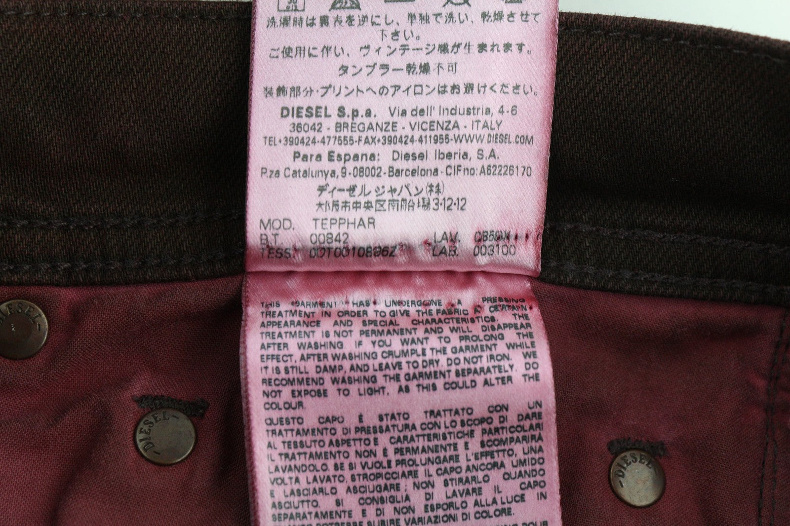 DIESEL Tepphar 0858X Men's Jeans W26 Slim Carrot Burgundy Buttoned Logo