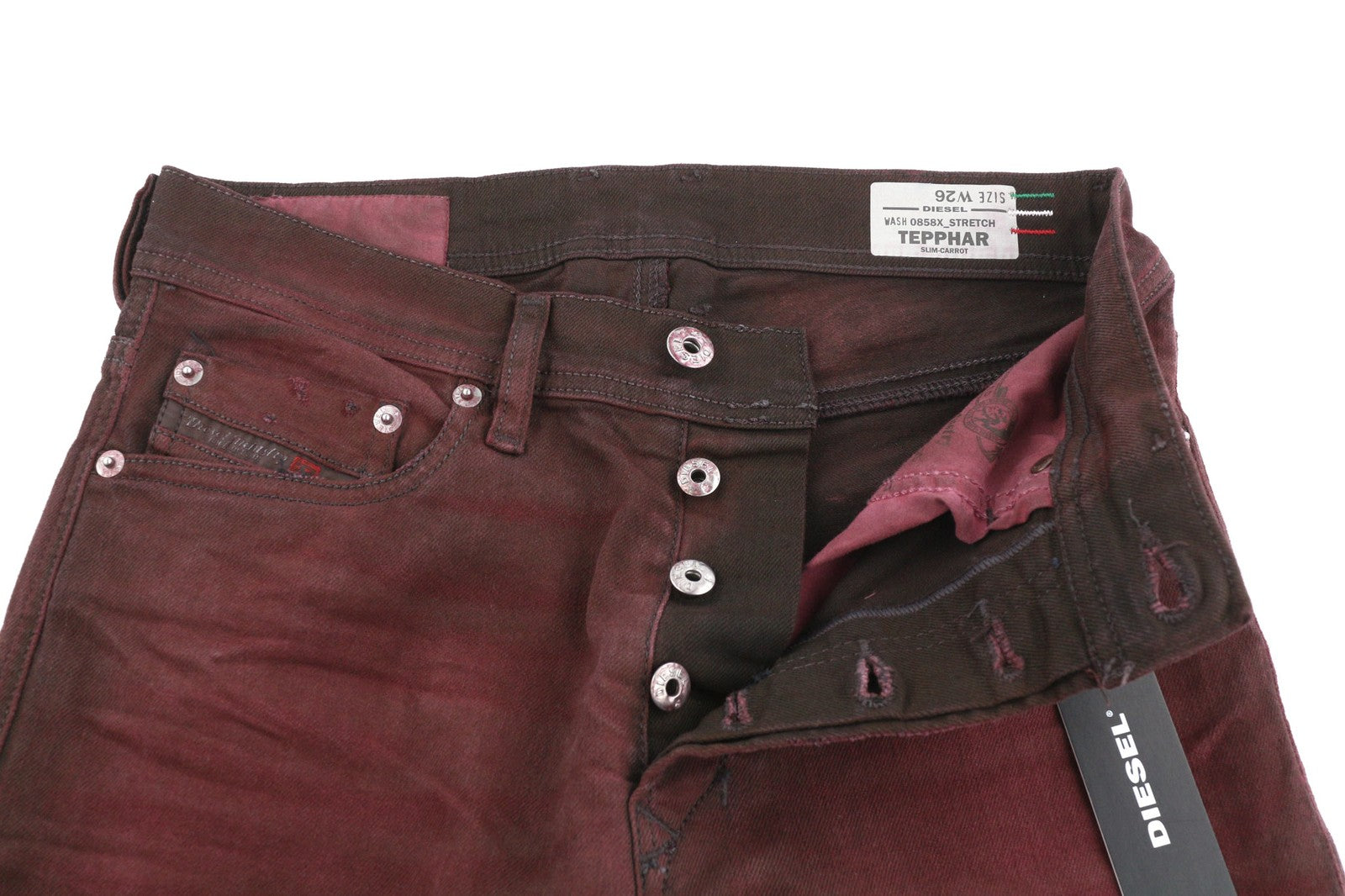 DIESEL Tepphar 0858X Men's Jeans W26 Slim Carrot Burgundy Buttoned Logo
