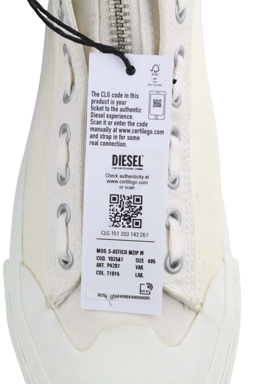 DIESEL S-Astico Mzip Women's Sneakers EU40.5 White Zip Almond Toe Logo RRP180