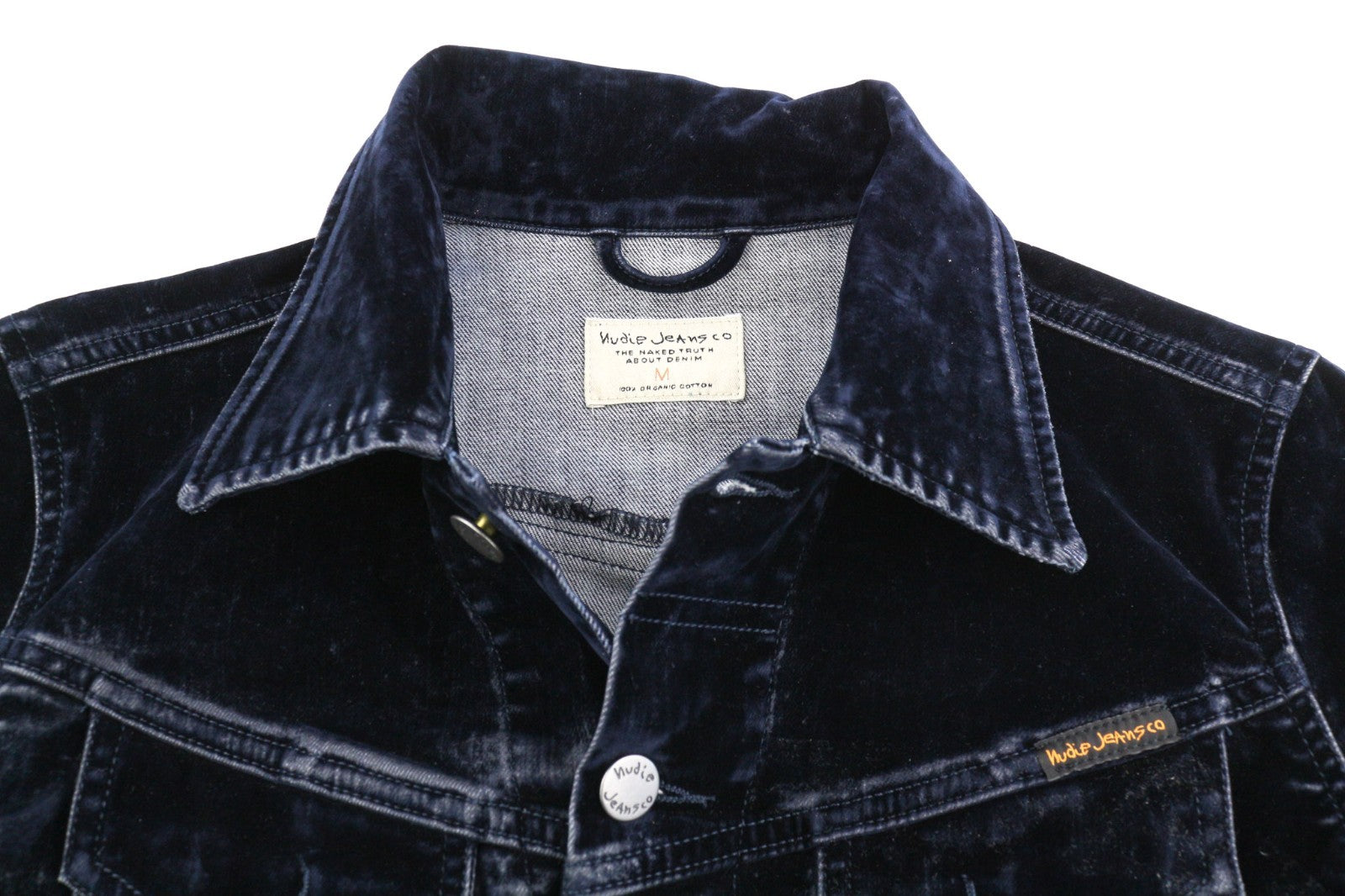 NUDIE JEANS Tove Women's Jacket M Blue Velvet Polo Collar Button Sleeve
