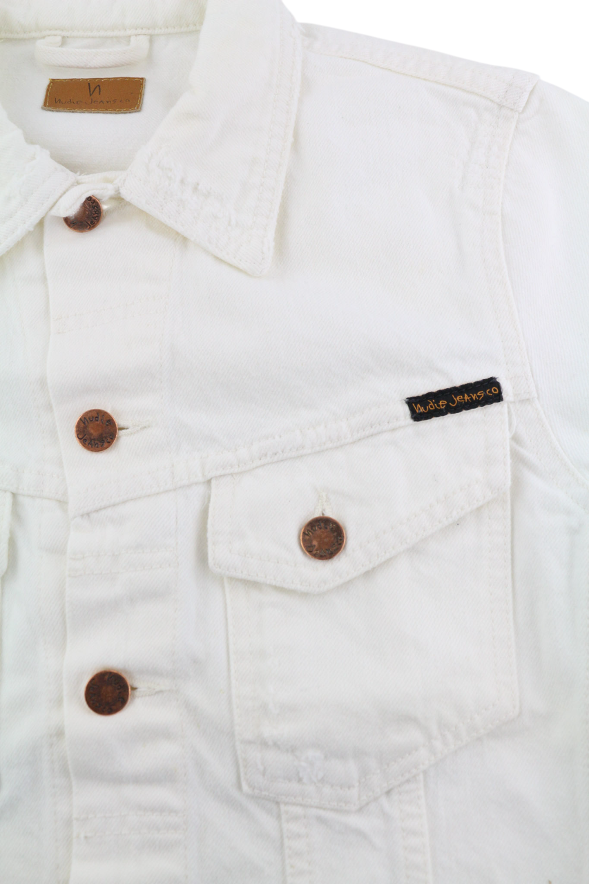 NUDIE JEANS Billy Men's Jacket XS Pitch White Worn Polo Button Unlined