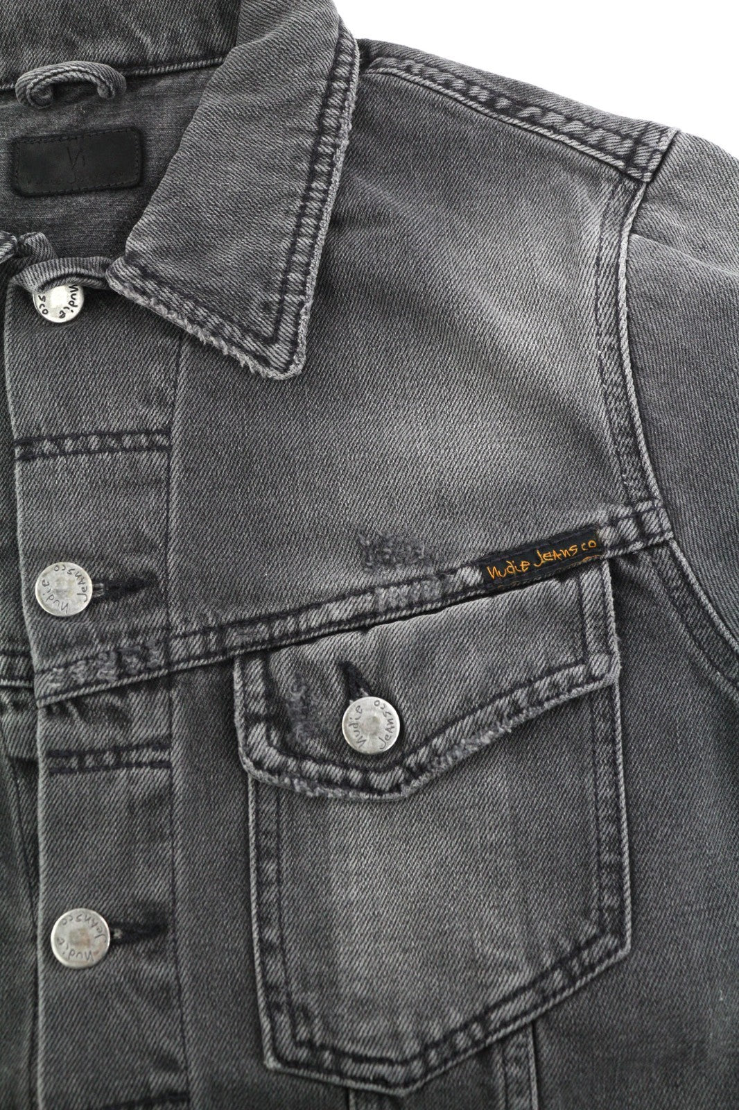 NUDIE JEANS Billy Men's XS Shimmering Shist Grey Ripped Washed Denim Jacket