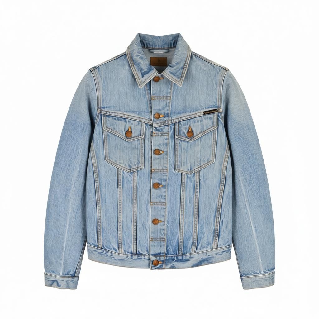 NUDIE JEANS Men's S Mid Blue Washed Denim Polo Button Pocket Casual Jacket