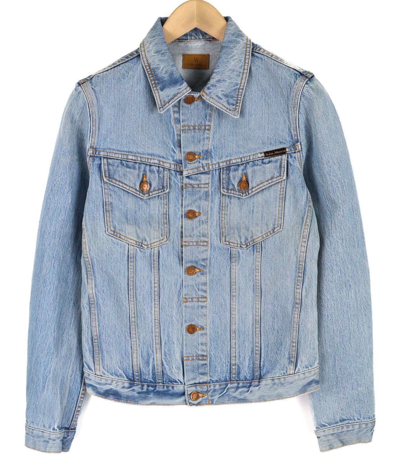 NUDIE JEANS Men's S Mid Blue Washed Denim Polo Button Pocket Casual Jacket