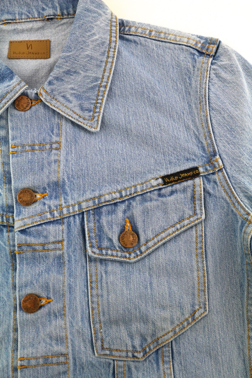 NUDIE JEANS Men's S Mid Blue Washed Denim Polo Button Pocket Casual Jacket