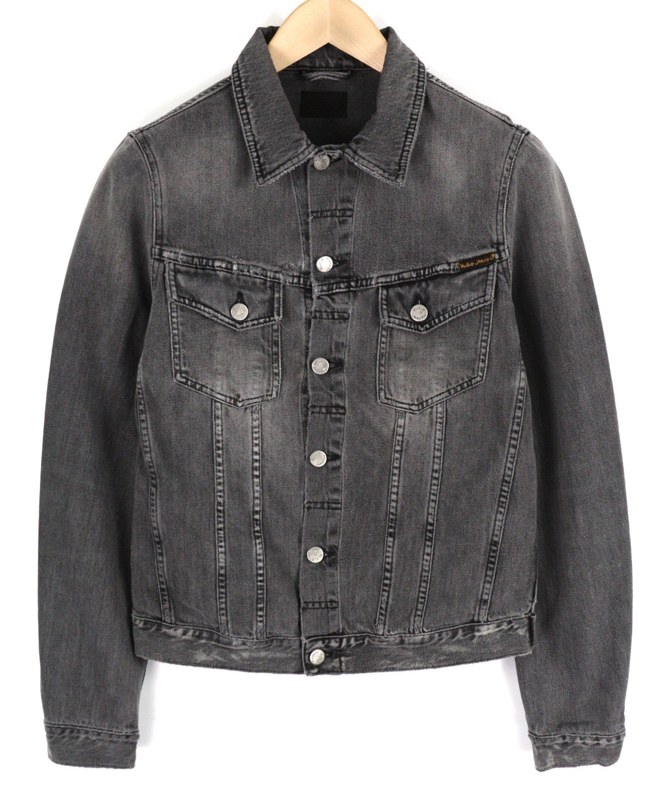 NUDIE JEANS Billy Men's S Desolation Grey Polo Neck Button Mid Denim Jacket