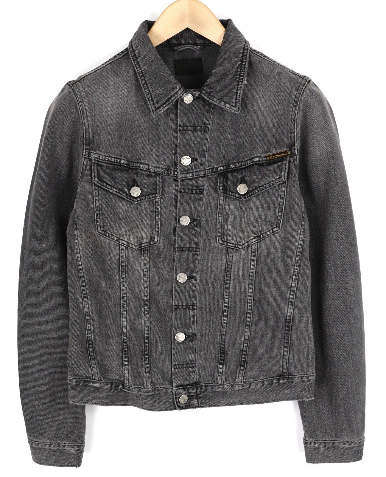 NUDIE JEANS Billy Men's S Desolation Grey Polo Collar Button Mid Denim Jacket