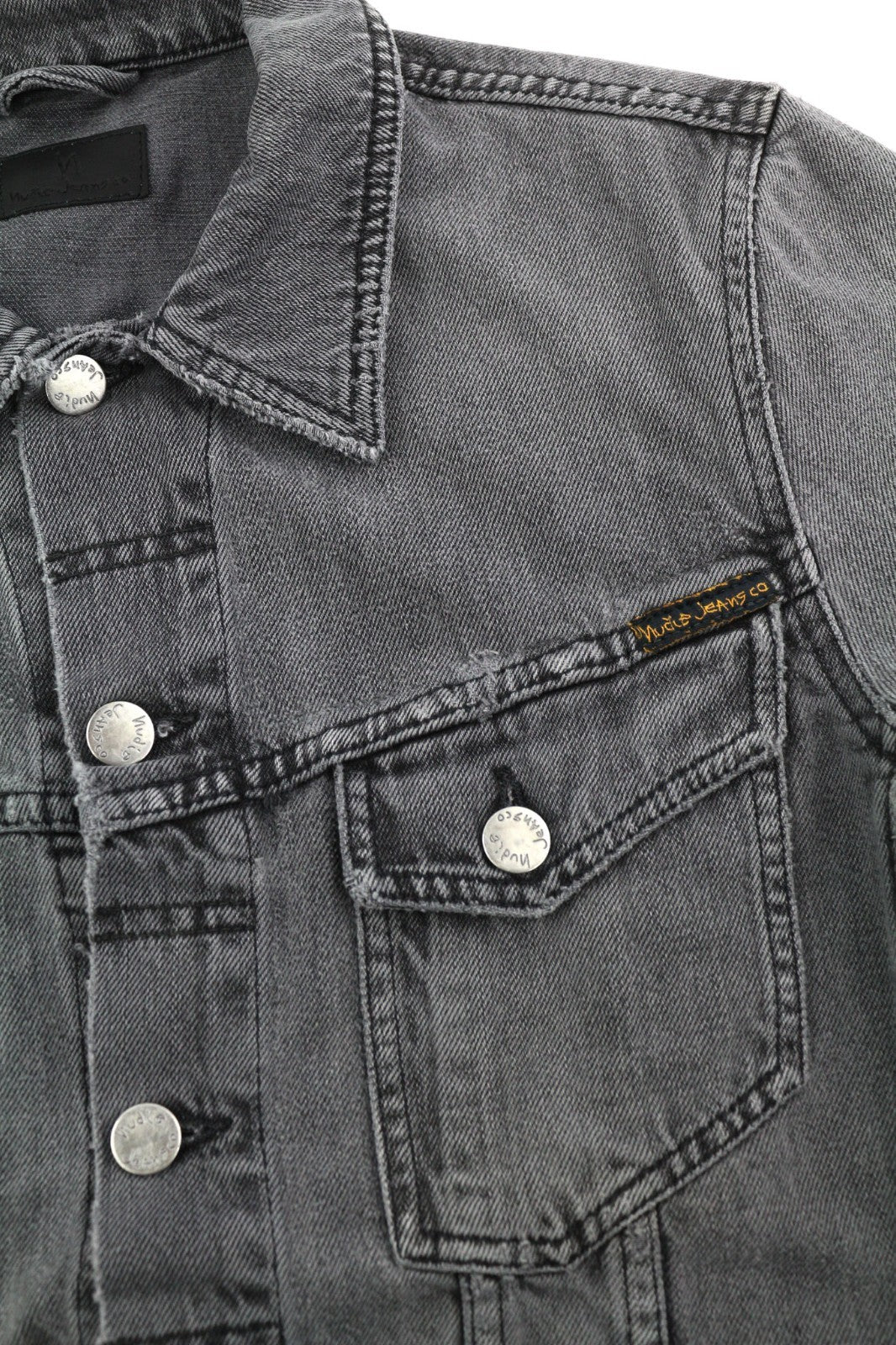 NUDIE JEANS Billy Men's S Desolation Grey Polo Neck Logo Mid Denim Jacket