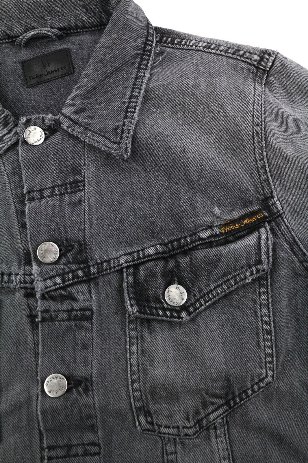 NUDIE JEANS Billy Men's S Desolation Grey Polo Neck Logo Button Denim Jacket