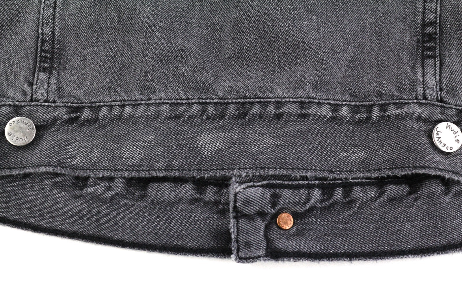 NUDIE JEANS Billy Men's S Desolation Grey Polo Neck Logo Patch Denim Jacket