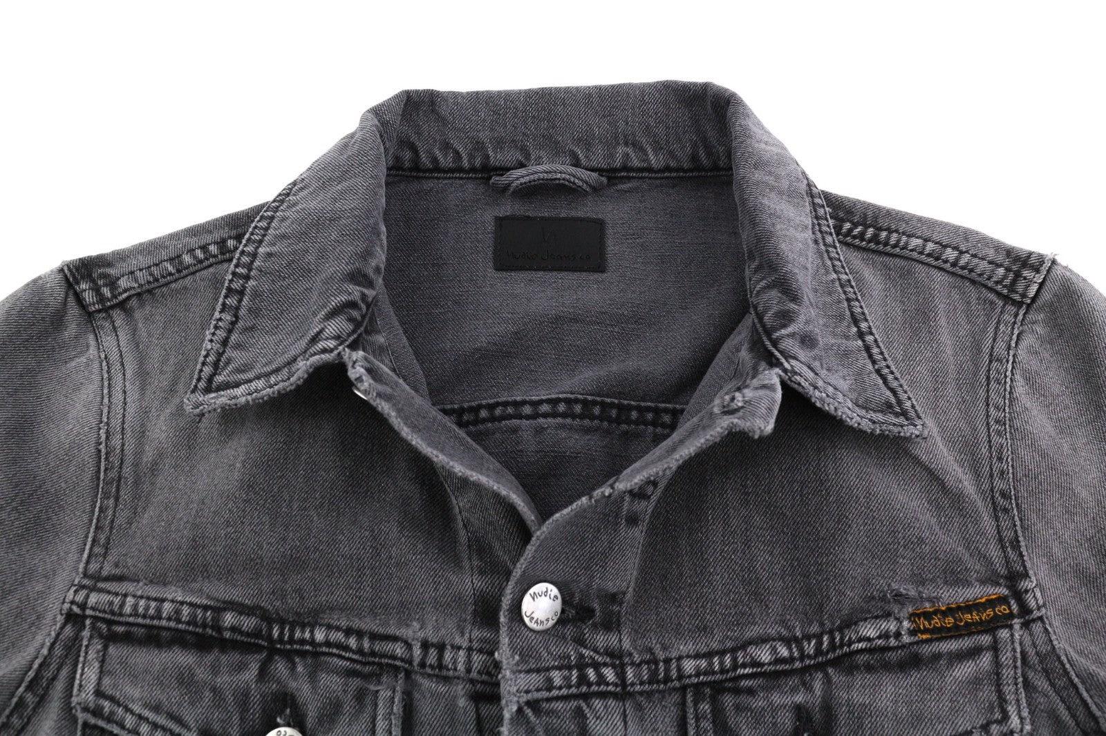 NUDIE JEANS Billy Men's S Desolation Grey Polo Neck Logo Patch Denim Jacket