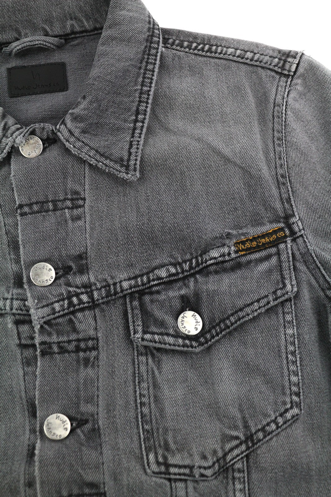 NUDIE JEANS Billy Men's S Desolation Grey Polo Neck Logo Patch Denim Jacket