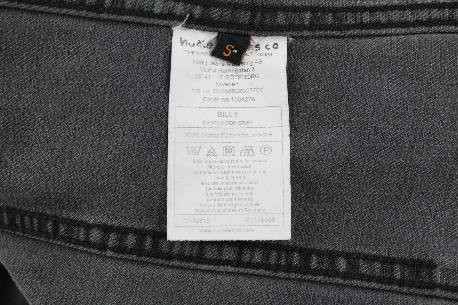 NUDIE JEANS Billy Men's S Desolation Grey Polo Neck Logo Patch Denim Jacket