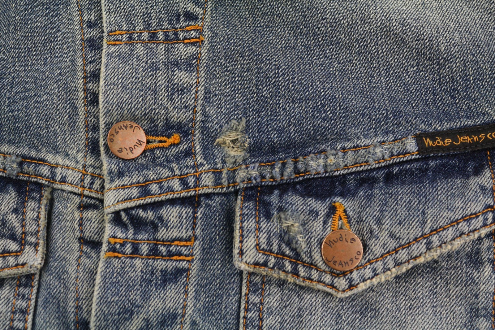 NUDIE JEANS Billy Men's M Shimmering Indigo Ripped Washed Polo Denim Jacket