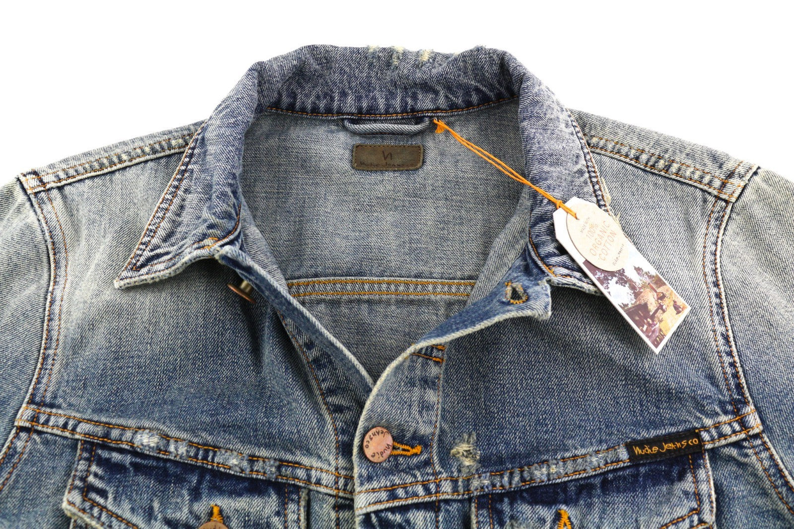 NUDIE JEANS Billy Men's M Shimmering Indigo Ripped Washed Polo Denim Jacket