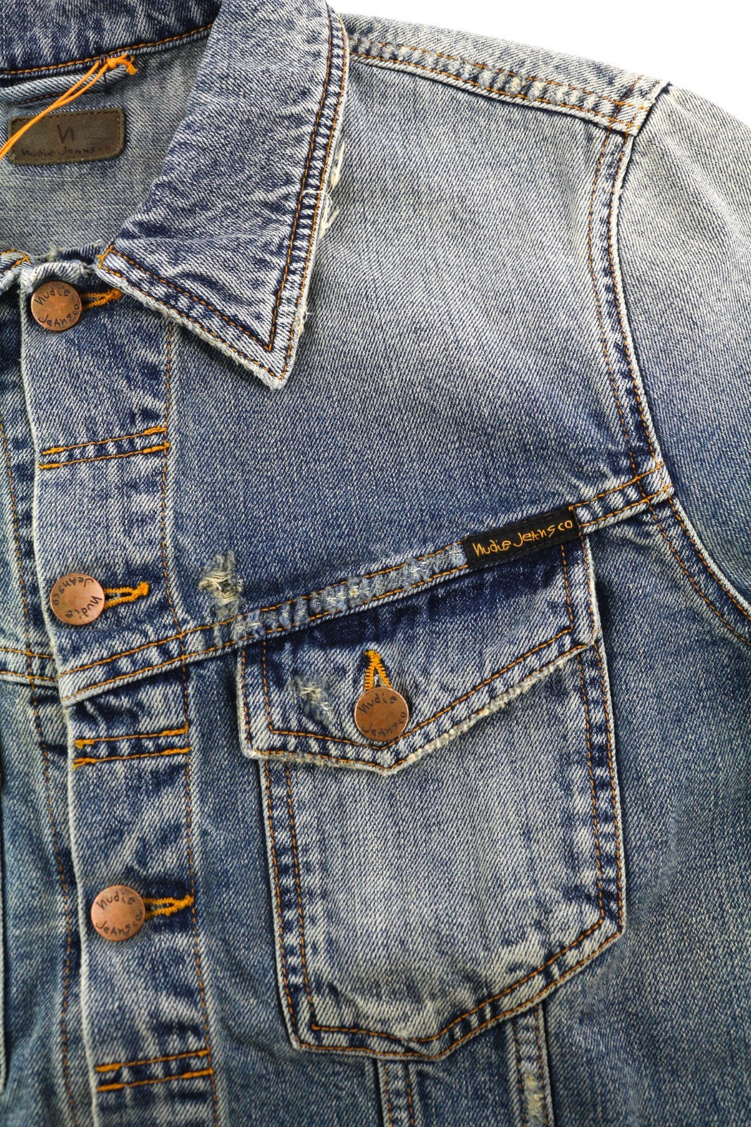 NUDIE JEANS Billy Men's M Shimmering Indigo Ripped Washed Polo Denim Jacket