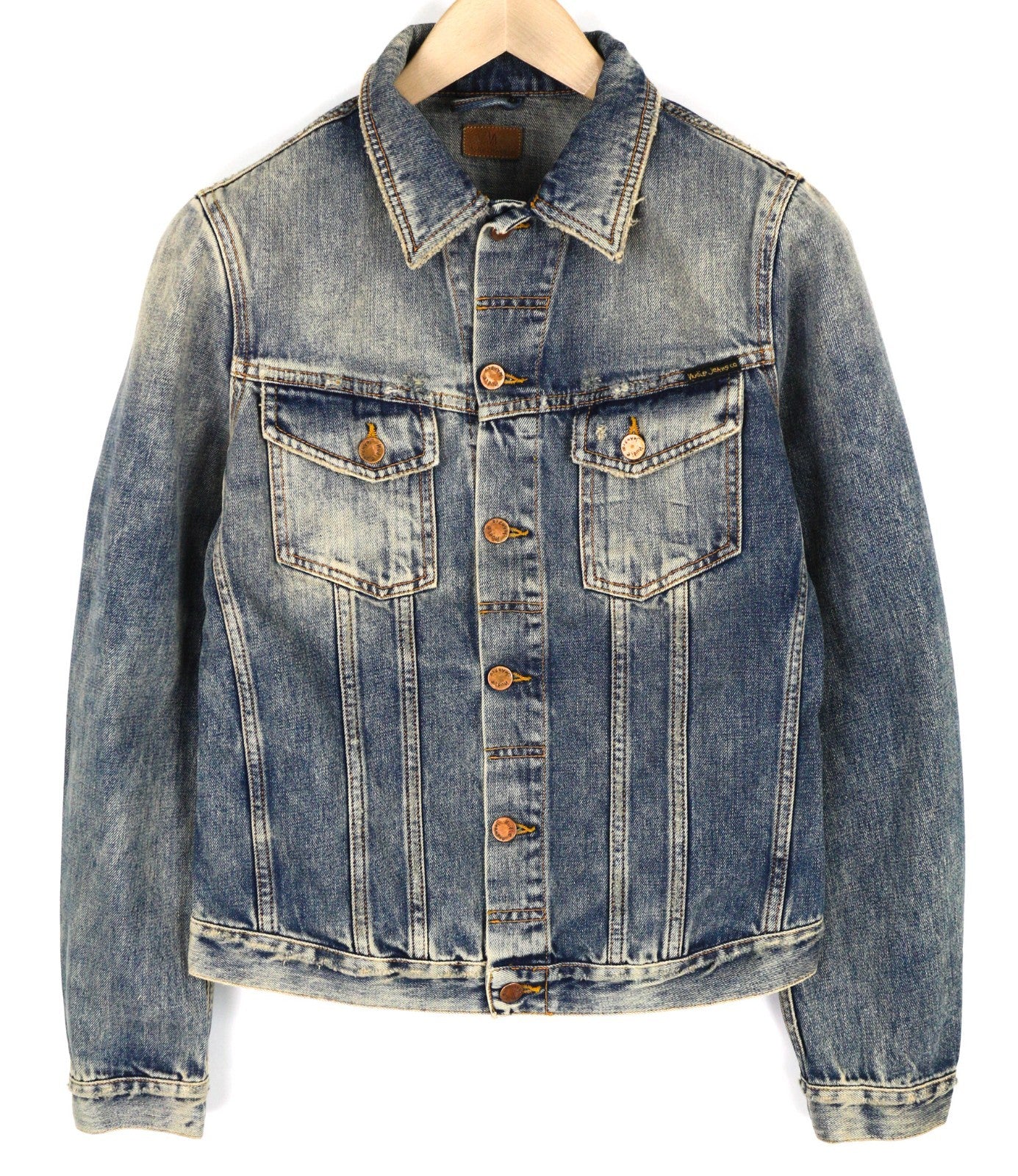 NUDIE JEANS Billy Men's S Shimmering Indigo Distress Polo Neck Denim Jacket