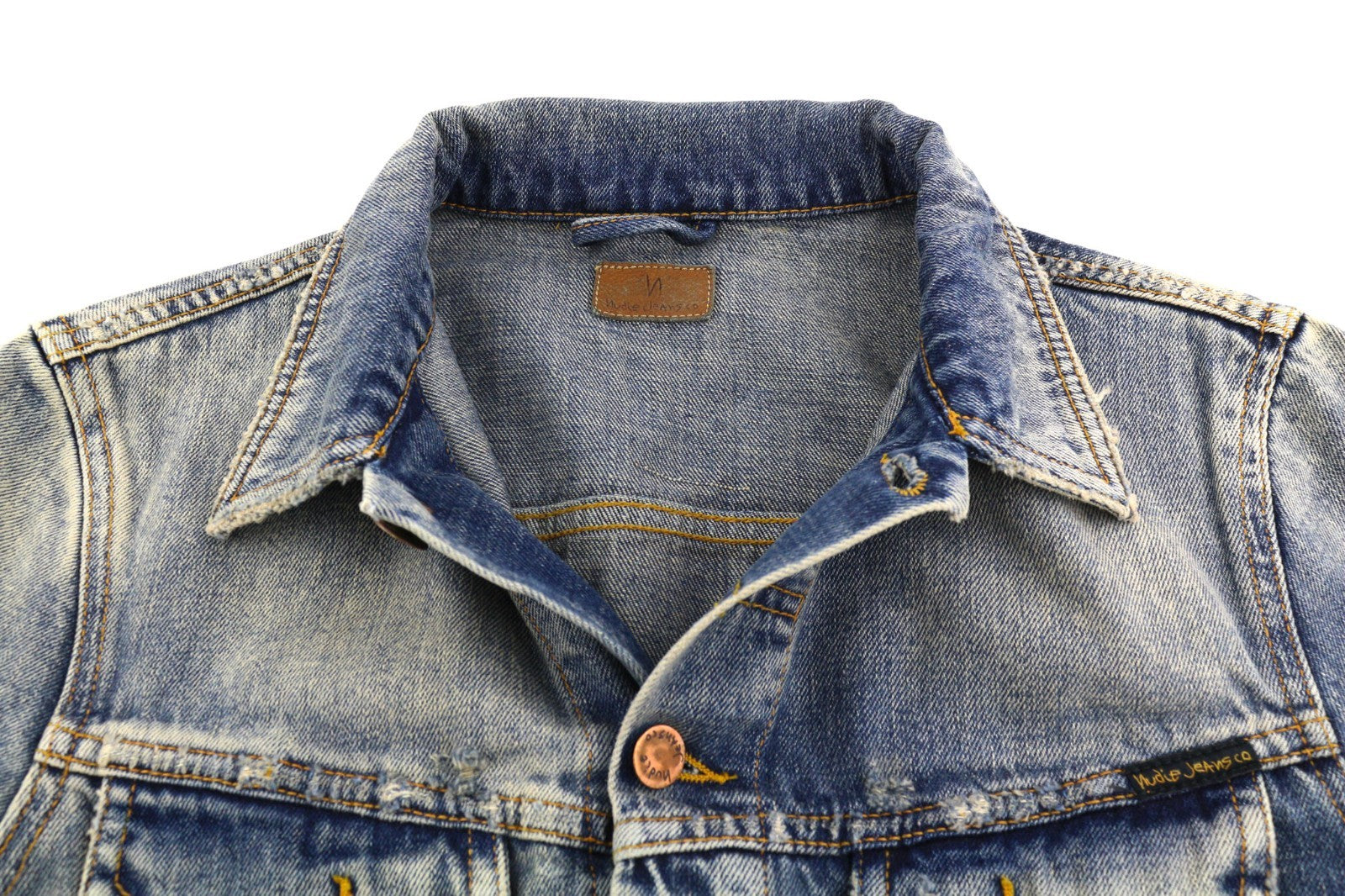 NUDIE JEANS Billy Men's S Shimmering Indigo Distress Polo Neck Denim Jacket