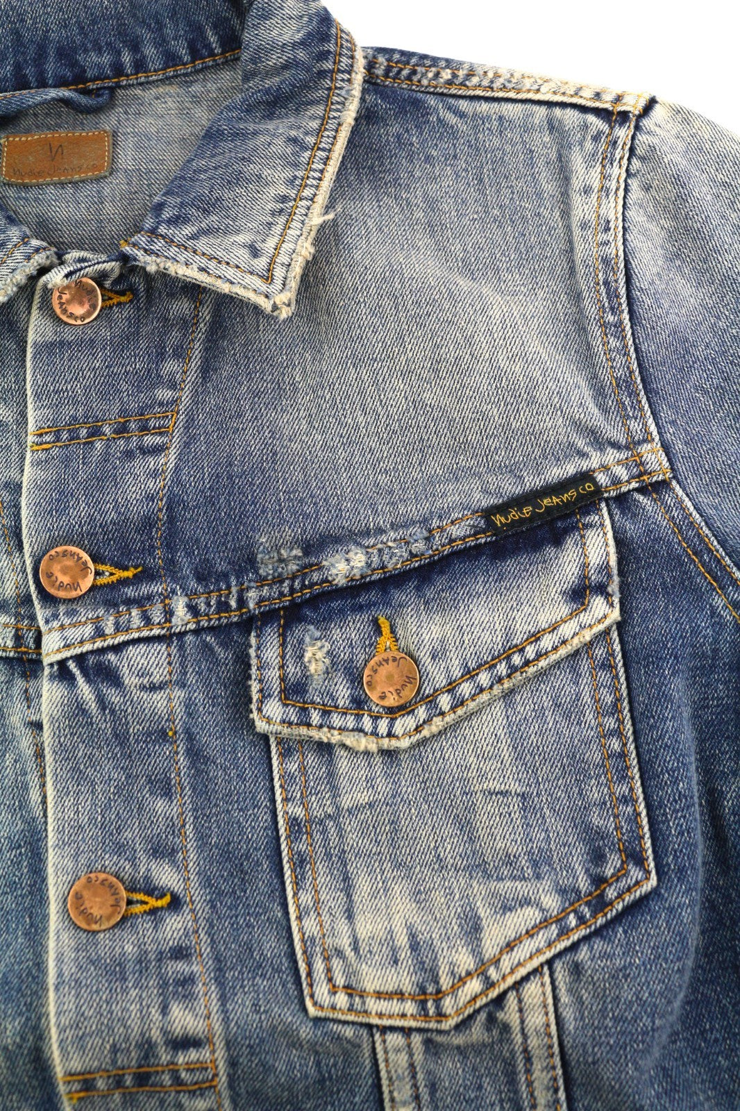 NUDIE JEANS Billy Men's S Shimmering Indigo Distress Polo Neck Denim Jacket