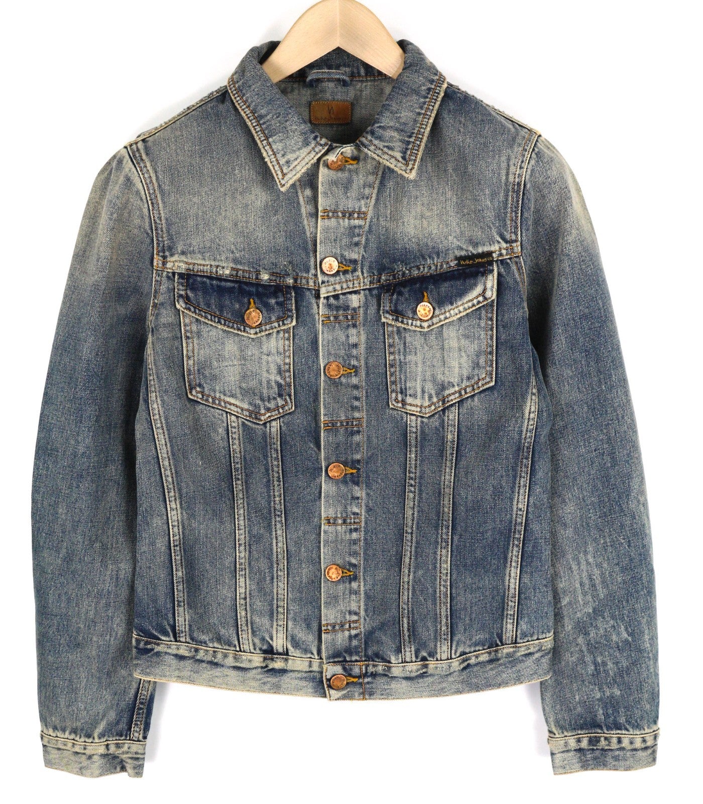 NUDIE JEANS Billy Men's S Shimmering Indigo Ripped Polo Collar Denim Coat