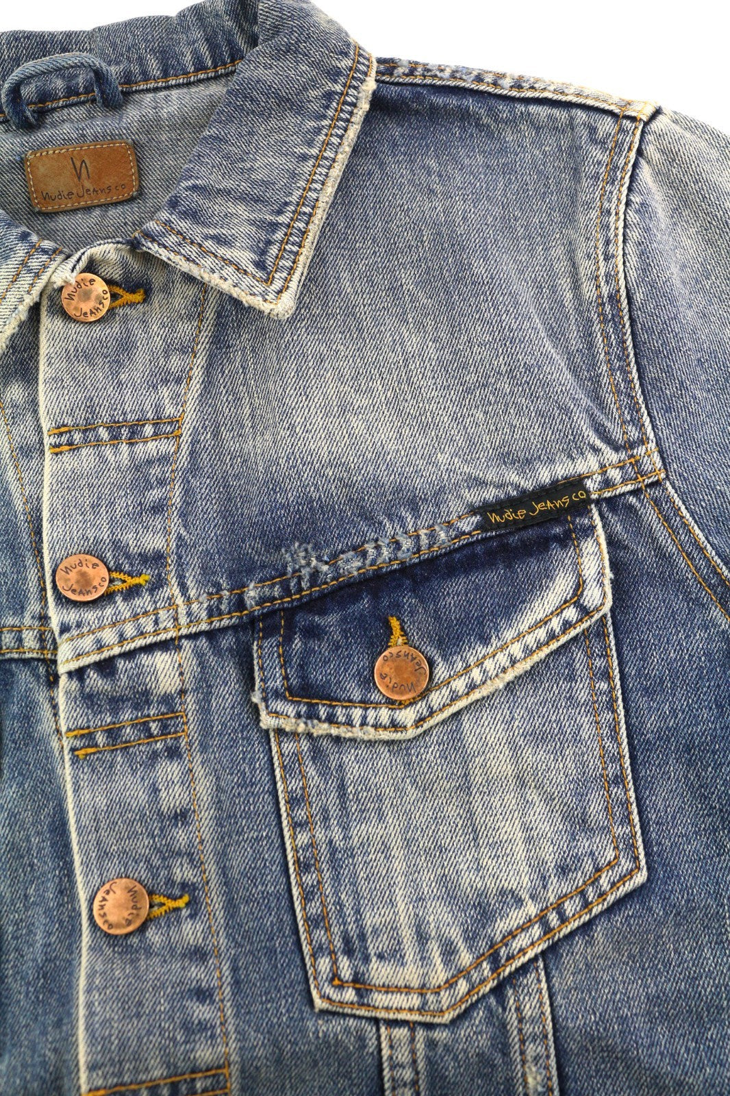 NUDIE JEANS Billy Men's S Shimmering Indigo Ripped Polo Collar Denim Coat