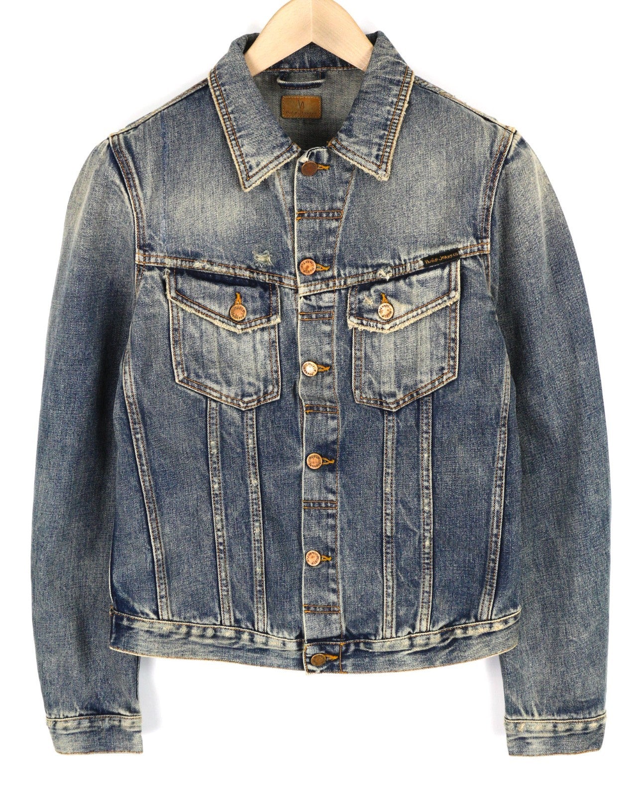 NUDIE JEANS Billy Men's S Shimmering Indigo Ripped Polo Logo Denim Jacket