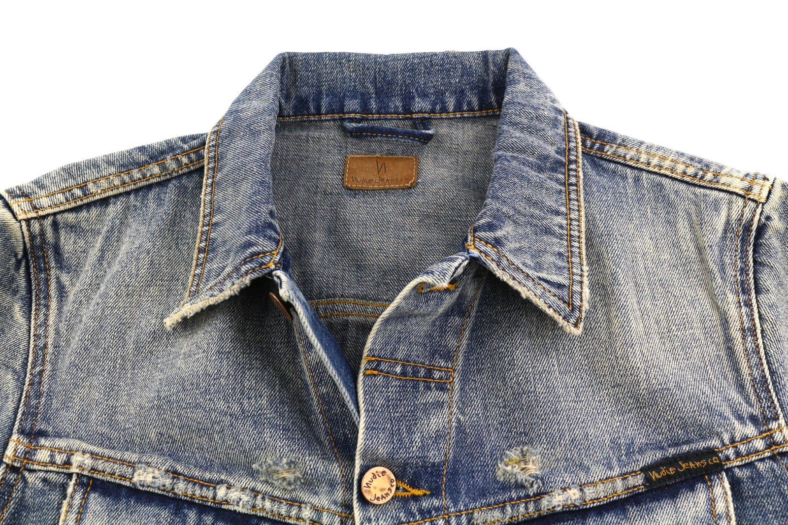 NUDIE JEANS Billy Men's S Shimmering Indigo Ripped Polo Logo Button Jacket