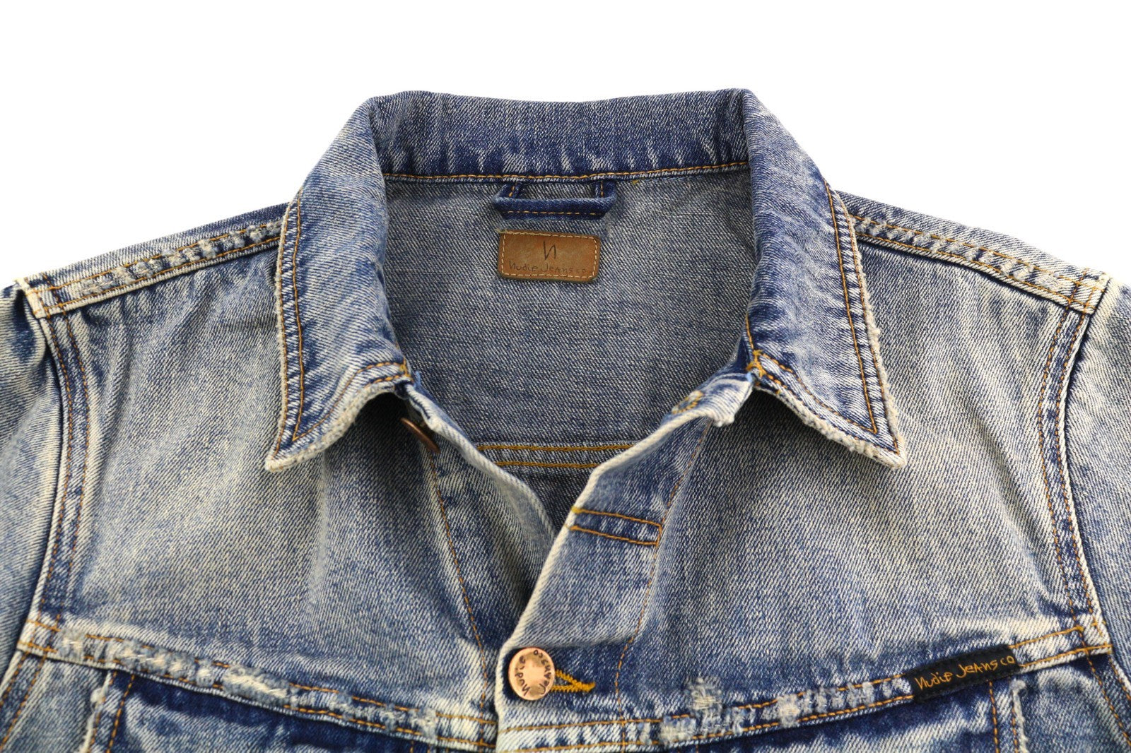 NUDIE JEANS Billy Men's S Shimmering Indigo Ripped Polo Denim Button Jacket