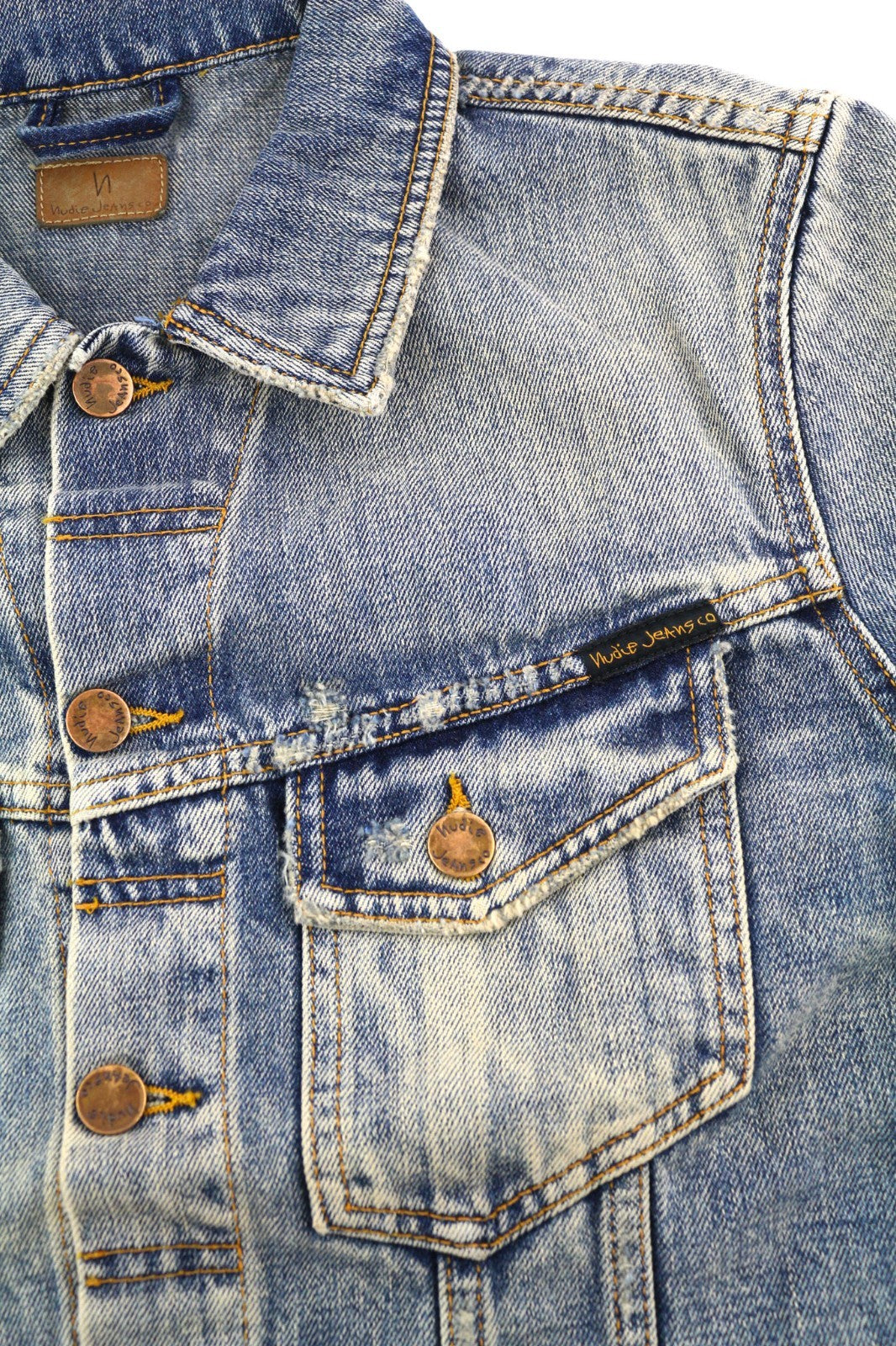 NUDIE JEANS Billy Men's S Shimmering Indigo Ripped Polo Denim Button Jacket