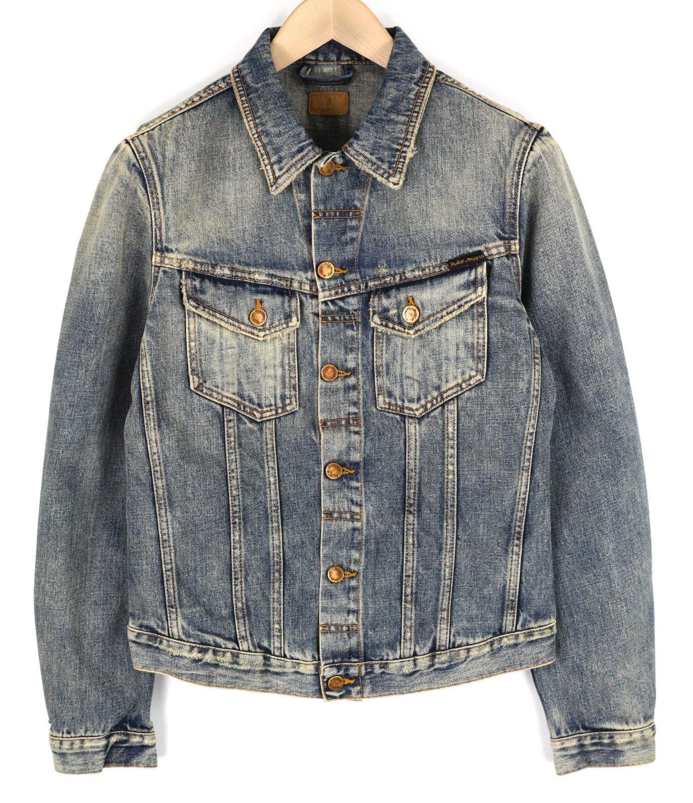 NUDIE JEANS Billy Men's S Shimmering Indigo Ripped Denim Spread Button Jacket