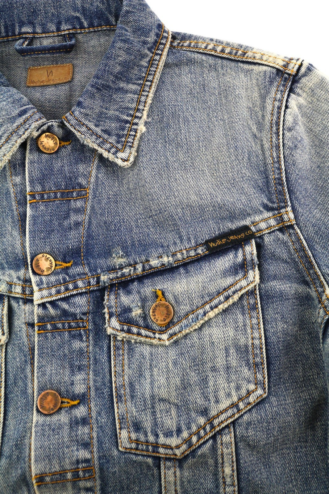 NUDIE JEANS Billy Men's S Shimmering Indigo Ripped Denim Spread Button Jacket