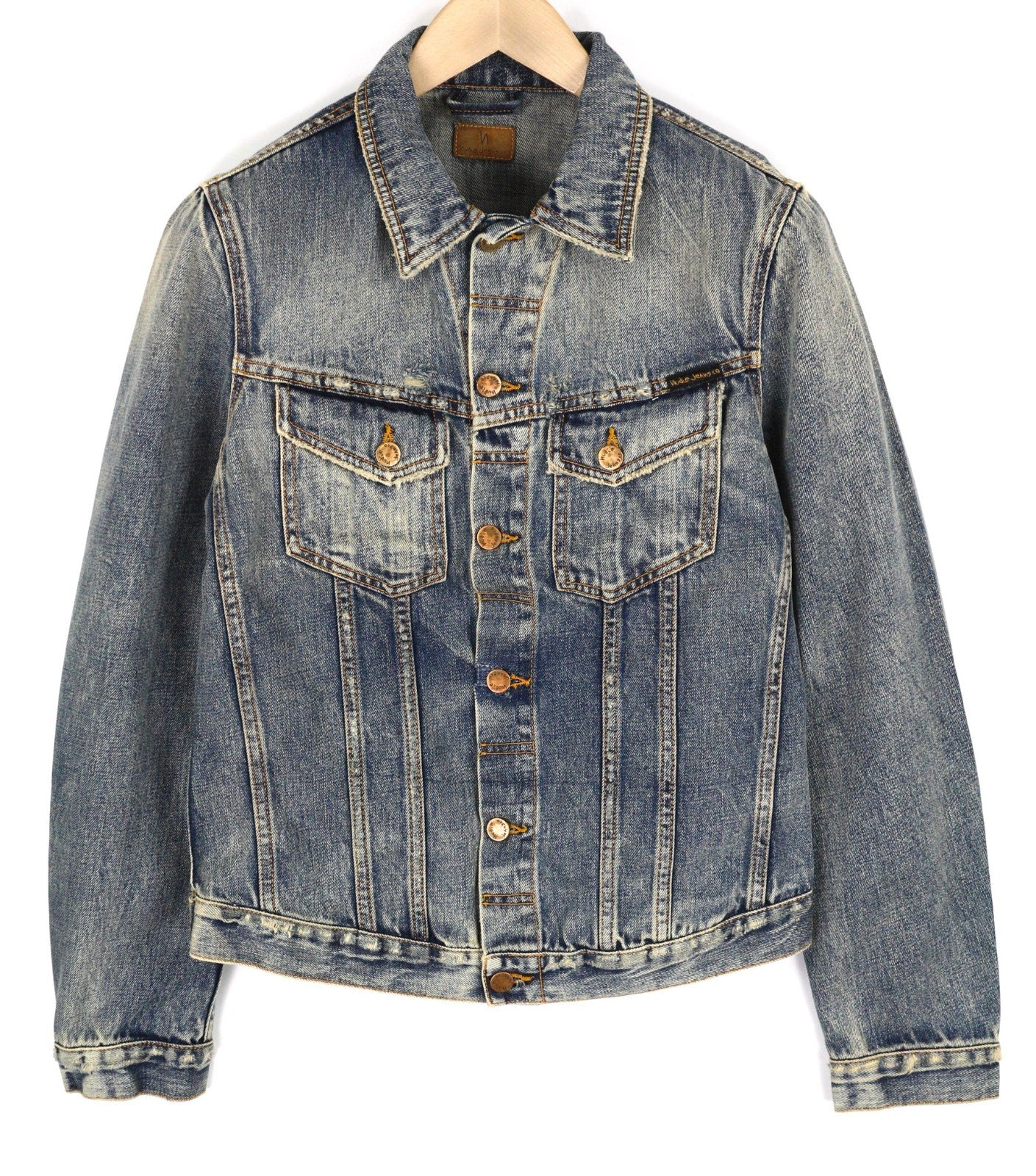 NUDIE JEANS Billy Men's S Shimmering Indigo Washed Denim Polo Logo Jacket