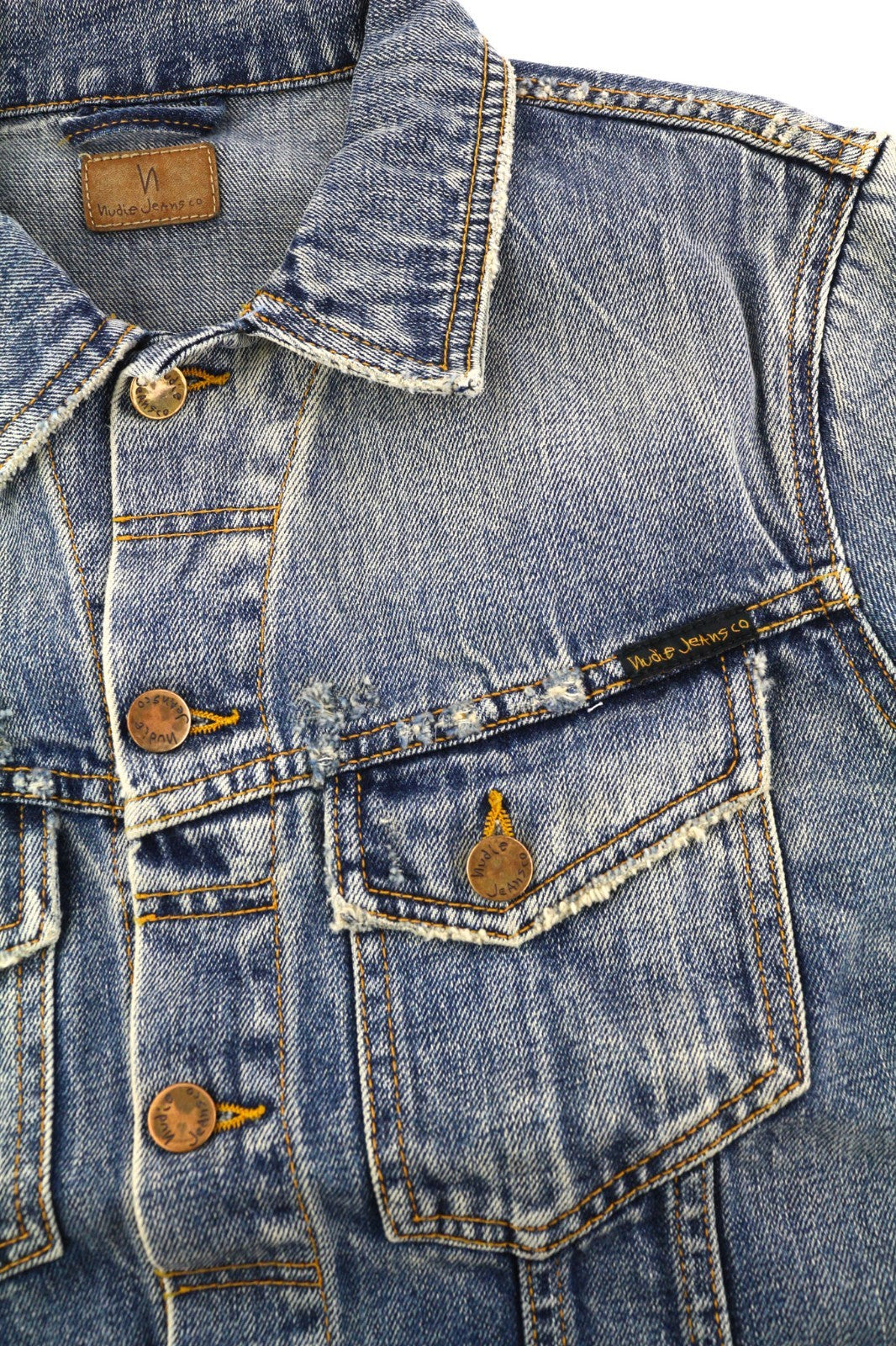 NUDIE JEANS Billy Men's S Shimmering Indigo Washed Denim Polo Logo Jacket