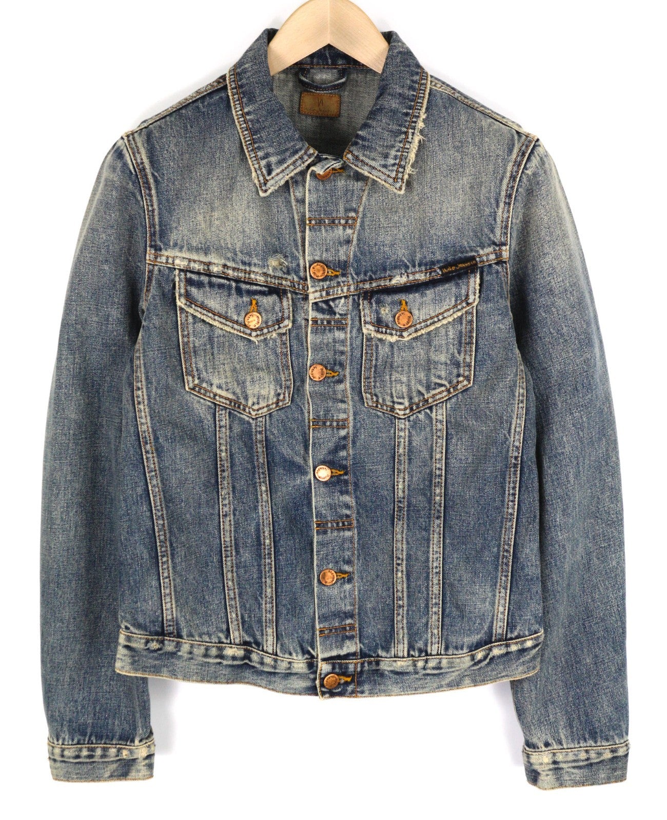 NUDIE JEANS Billy Men's S Shimmering Indigo Washed Denim Polo Button Top